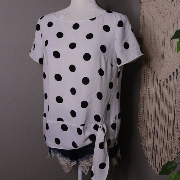 Ann Taylor | Short Sleeve Polka Dot Tie Blouse - Picture 1 of 6